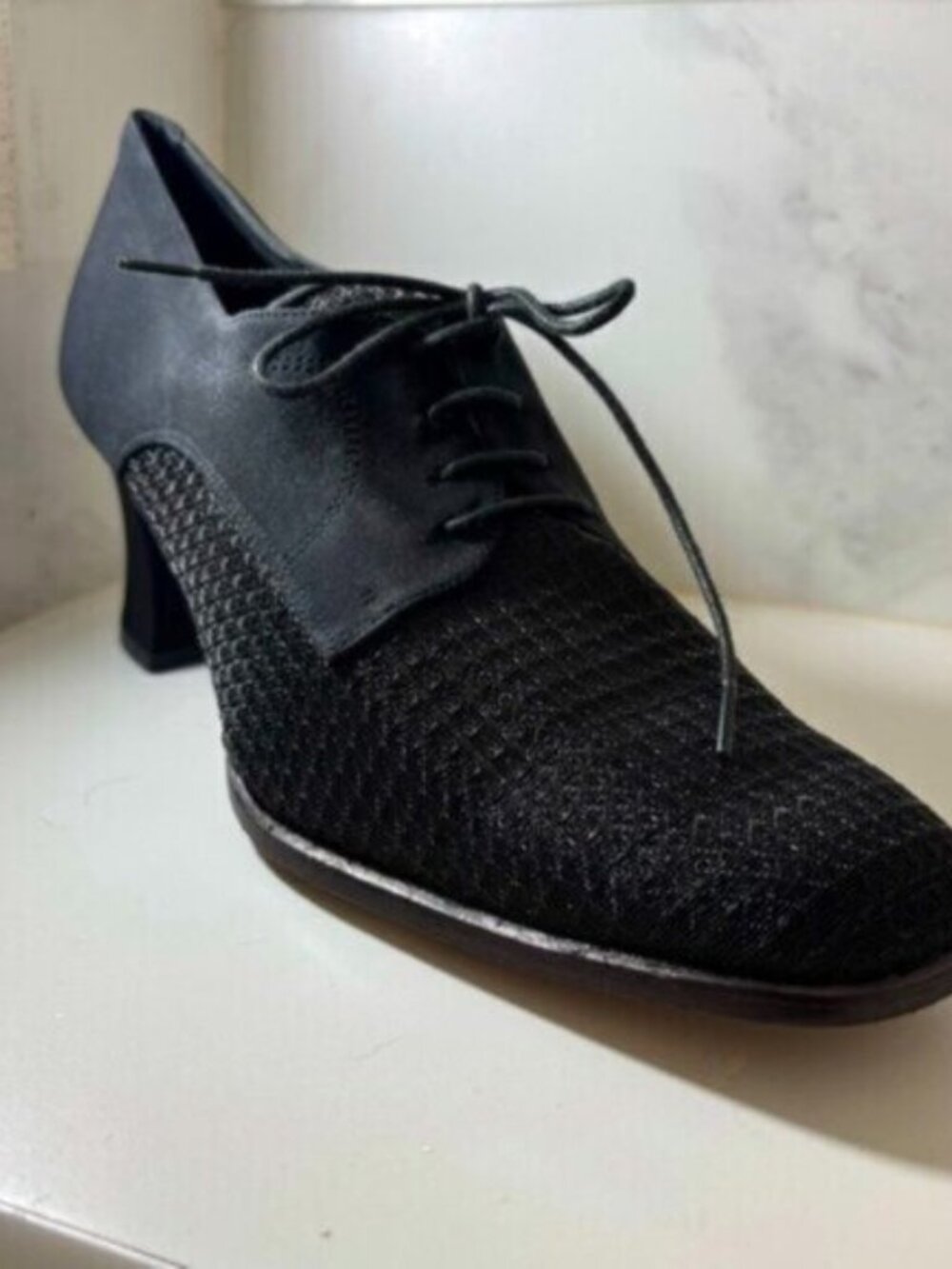 Amalfi (7.5 B) Elegant Italian Black Mesh Oxford Square Toe Lace Up Heels